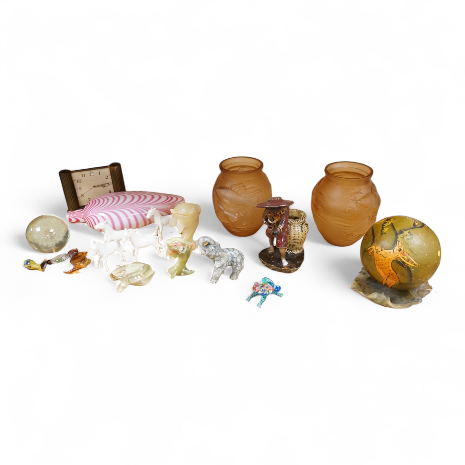 Sundry items and collectables to include a pair of glass vases, timepiece and Chinese figure